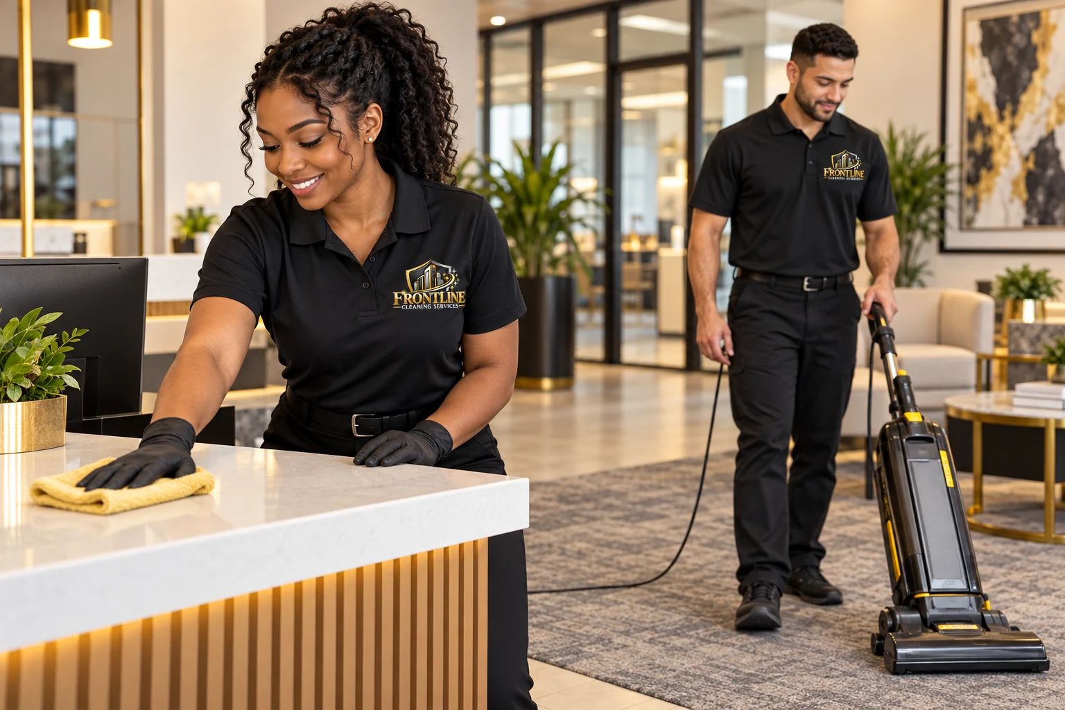 AI-generated cleaning workers wearing the Frontline Cleaning Services logo cleaning an office reception area